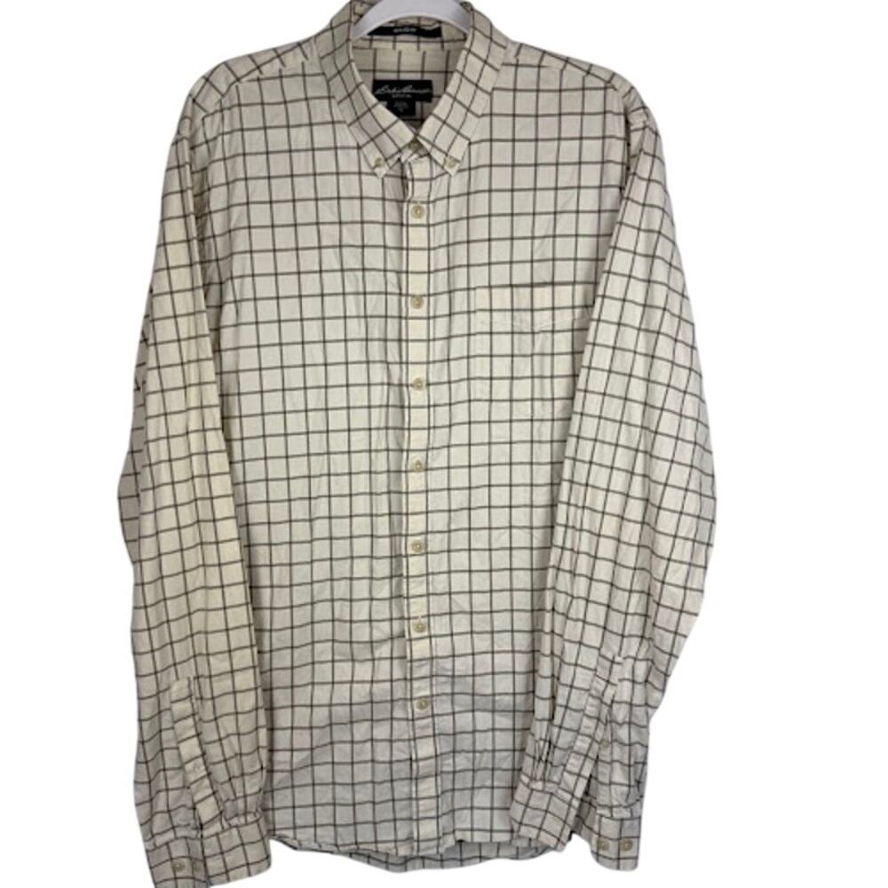 Eddie Bauer Relaxed Fit Plaid Button Up Shirt Cream Men's Tall XL‎ XLT